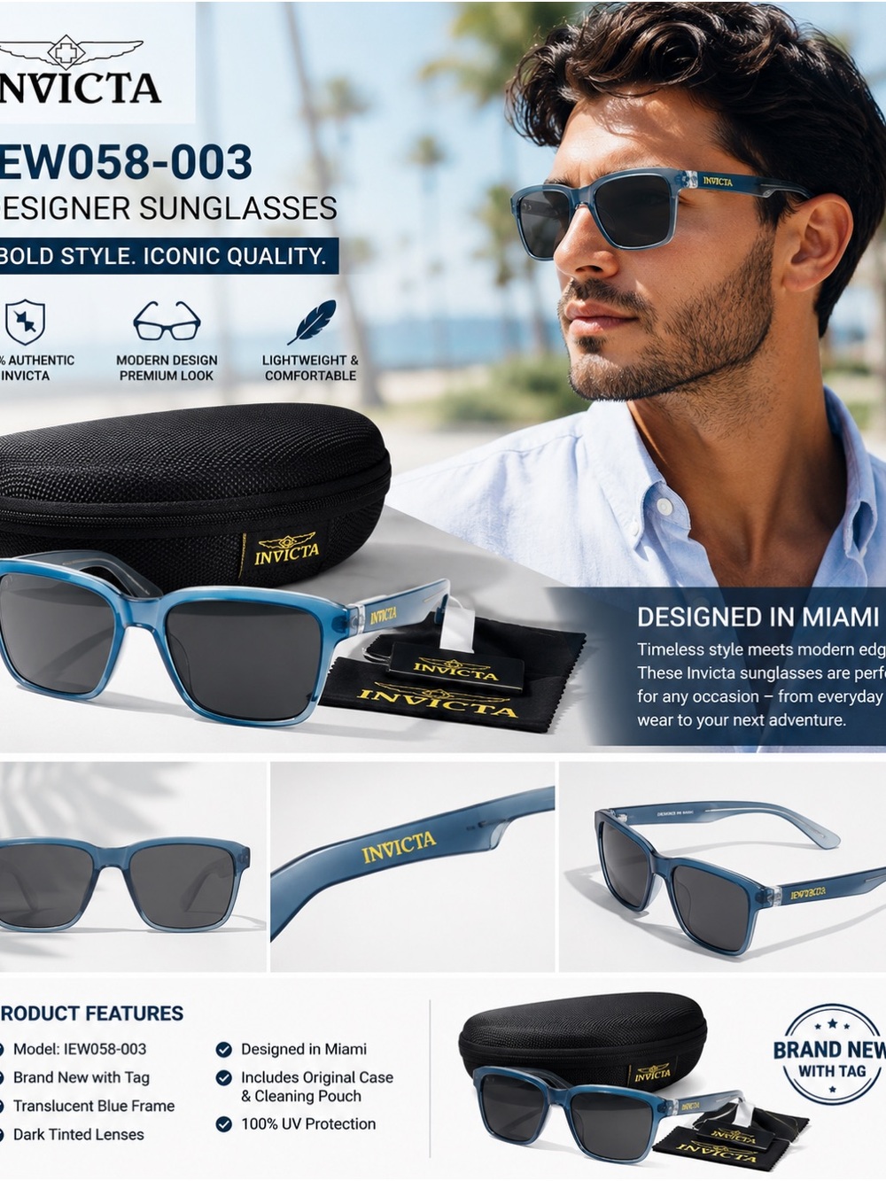 Invicta Translucent Blue Men’s Sunglasses with Dark Lenses